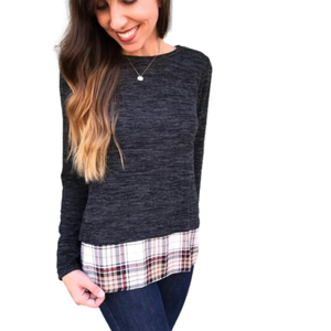 Altar'd State Charcoal and Plaid Crew Neck Sweater